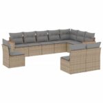10-Piece Garden Sofa Set with Cushions Beige Poly Rattan Wicker Outdoor Patio Furniture