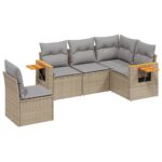 5-Piece Garden Sofa Set with Cushions Beige Poly Rattan Wicker Outdoor Patio Furniture
