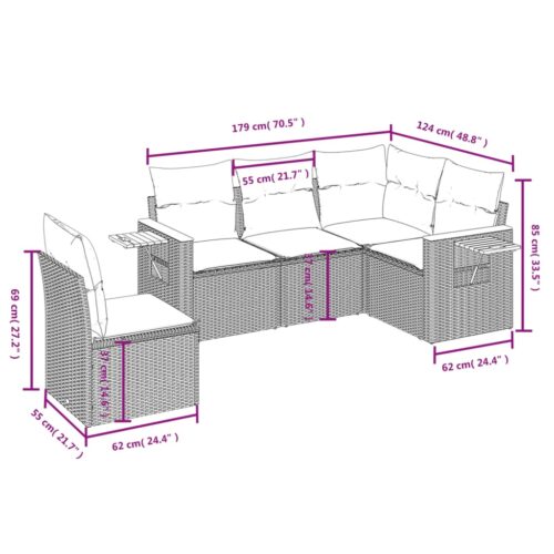 5-Piece Garden Sofa Set with Cushions Beige Poly Rattan Wicker Outdoor Patio Furniture - Image 3