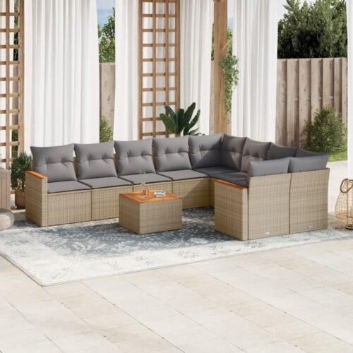 10-Piece Garden Sofa Set with Cushions Beige Poly Rattan Wicker Outdoor Patio Furniture - Image 2