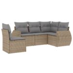 5-Piece Garden Sofa Set with Cushions Beige Poly Rattan Wicker Outdoor Patio Furniture