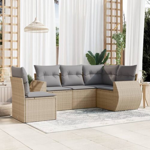 5-Piece Garden Sofa Set with Cushions Beige Poly Rattan Wicker Outdoor Patio Furniture - Image 2