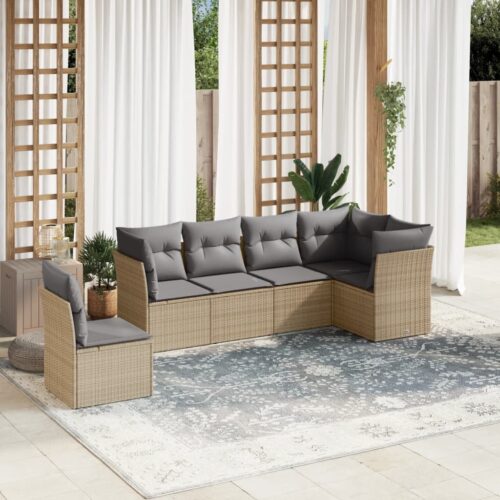 6-Piece Garden Sofa Set with Cushions Beige Poly Rattan Wicker Outdoor Patio Furniture - Image 11