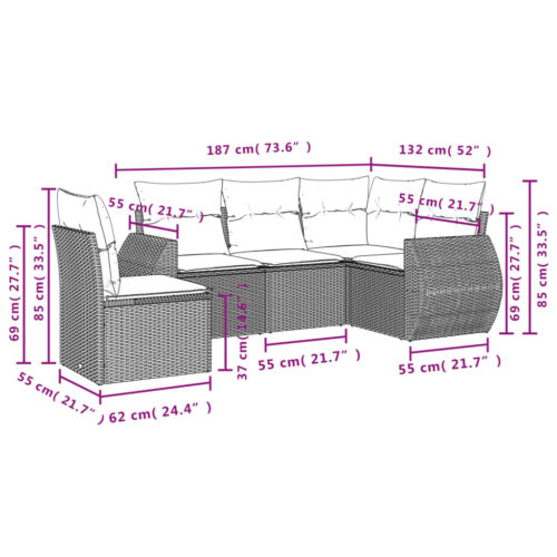 5-Piece Garden Sofa Set with Cushions Beige Poly Rattan Wicker Outdoor Patio Furniture - Image 7