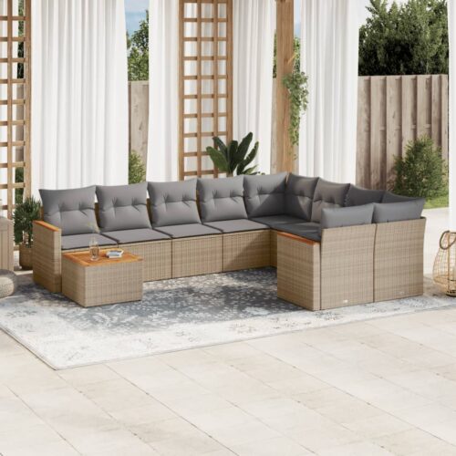 10-Piece Garden Sofa Set with Cushions Beige Poly Rattan Wicker Outdoor Patio Furniture - Image 2