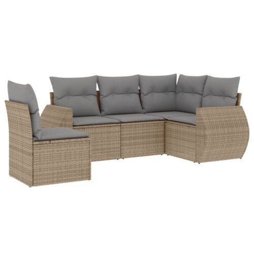 5-Piece Garden Sofa Set with Cushions Beige Poly Rattan Wicker Outdoor Patio Furniture - Image 13