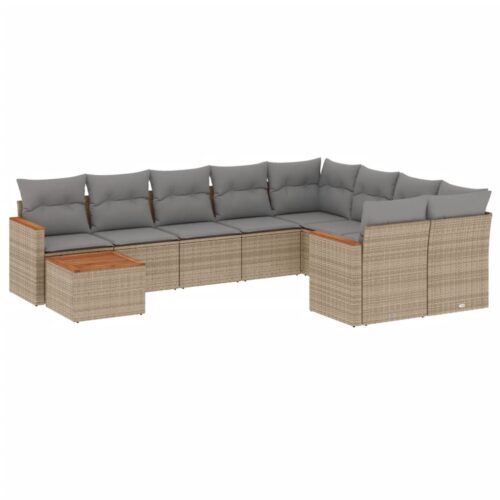 10-Piece Garden Sofa Set with Cushions Beige Poly Rattan Wicker Outdoor Patio Furniture - Image 5