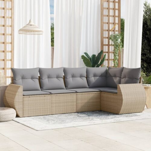 5-Piece Garden Sofa Set with Cushions Beige Poly Rattan Wicker Outdoor Patio Furniture - Image 2