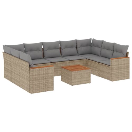 10-Piece Garden Sofa Set with Cushions Beige Poly Rattan Wicker Outdoor Patio Furniture