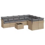 10-Piece Garden Sofa Set with Cushions Beige Poly Rattan Wicker Outdoor Patio Furniture