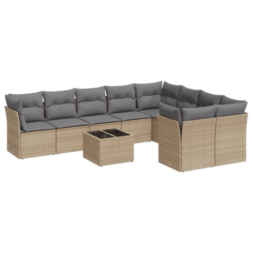 10-Piece Garden Sofa Set with Cushions Beige Poly Rattan Wicker Outdoor Patio Furniture