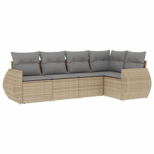 5-Piece Garden Sofa Set with Cushions Beige Poly Rattan Wicker Outdoor Patio Furniture - Image 13