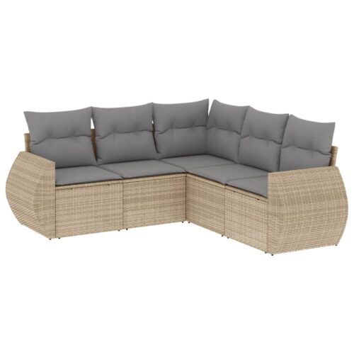 5-Piece Garden Sofa Set with Cushions Beige Poly Rattan Wicker Outdoor Patio Furniture