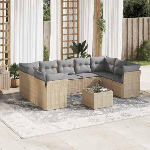 10-Piece Garden Sofa Set with Cushions Beige Poly Rattan Wicker Outdoor Patio Furniture - Image 2
