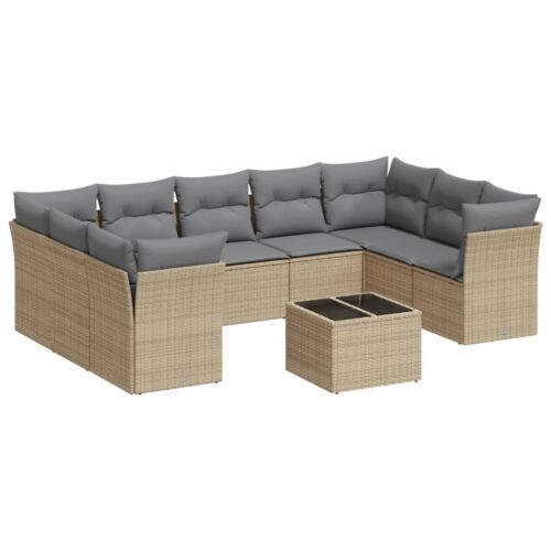 10-Piece Garden Sofa Set with Cushions Beige Poly Rattan Wicker Outdoor Patio Furniture - Image 5