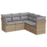 5-Piece Garden Sofa Set with Cushions Beige Poly Rattan Wicker Outdoor Patio Furniture