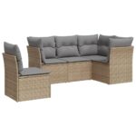 5-Piece Garden Sofa Set with Cushions Beige Poly Rattan Wicker Outdoor Patio Furniture