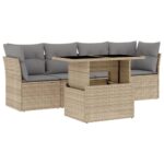 5-Piece Garden Sofa Set with Cushions Beige Poly Rattan Wicker Outdoor Patio Furniture