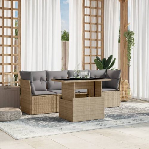 5-Piece Garden Sofa Set with Cushions Beige Poly Rattan Wicker Outdoor Patio Furniture - Image 2