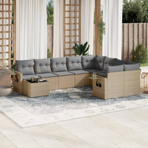 10-Piece Garden Sofa Set with Cushions Beige Poly Rattan Wicker Outdoor Patio Furniture - Image 2