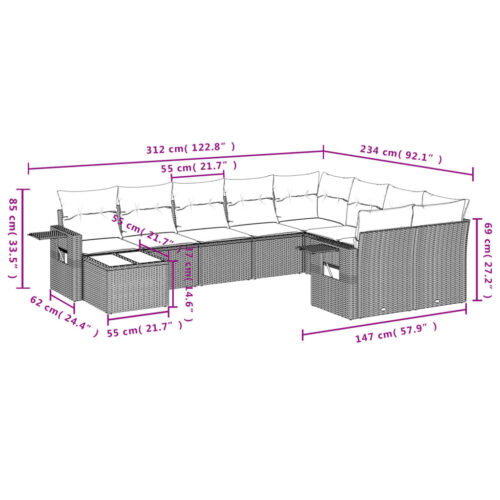 10-Piece Garden Sofa Set with Cushions Beige Poly Rattan Wicker Outdoor Patio Furniture - Image 3