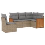 5-Piece Garden Sofa Set with Cushions Beige Poly Rattan Wicker Outdoor Patio Furniture