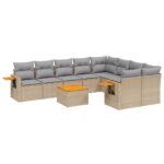 10-Piece Garden Sofa Set with Cushions Beige Poly Rattan Wicker Outdoor Patio Furniture