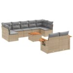 10-Piece Garden Sofa Set with Cushions Beige Poly Rattan Wicker Outdoor Patio Furniture