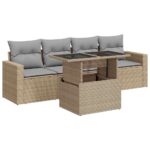 5-Piece Garden Sofa Set with Cushions Beige Poly Rattan Wicker Outdoor Patio Furniture