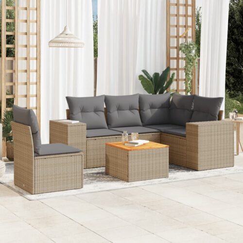 6-Piece Garden Sofa Set with Cushions Beige Poly Rattan Wicker Outdoor Patio Furniture - Image 2