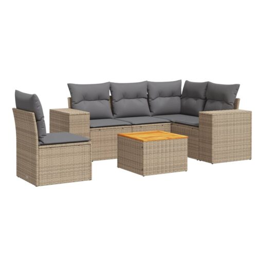6-Piece Garden Sofa Set with Cushions Beige Poly Rattan Wicker Outdoor Patio Furniture - Image 5