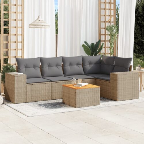6-Piece Garden Sofa Set with Cushions Beige Poly Rattan Wicker Outdoor Patio Furniture - Image 2