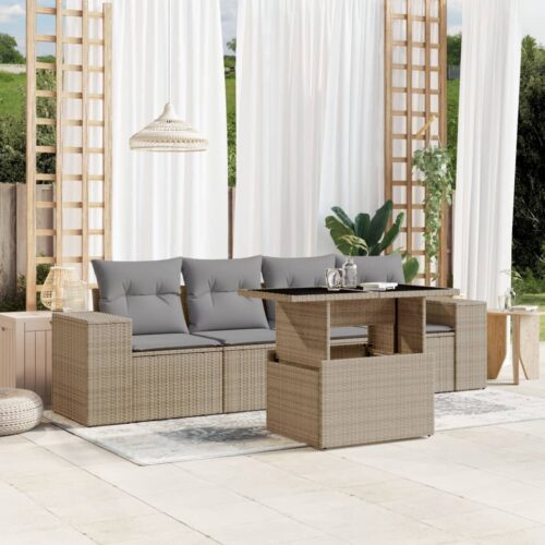 5-Piece Garden Sofa Set with Cushions Beige Poly Rattan Wicker Outdoor Patio Furniture - Image 2