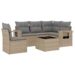 6-Piece Garden Sofa Set with Cushions Beige Poly Rattan Wicker Outdoor Patio Furniture
