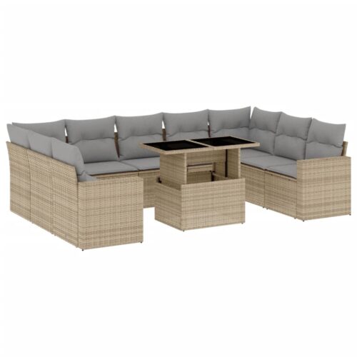 10-Piece Garden Sofa Set with Cushions Beige Poly Rattan Wicker Outdoor Patio Furniture