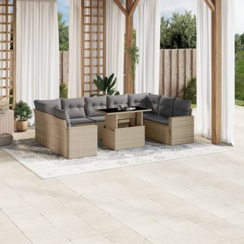 10-Piece Garden Sofa Set with Cushions Beige Poly Rattan Wicker Outdoor Patio Furniture - Image 2