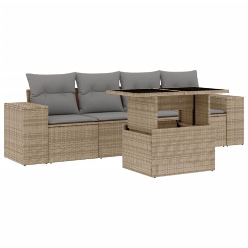 5-Piece Garden Sofa Set with Cushions Beige Poly Rattan Wicker Outdoor Patio Furniture - Image 13
