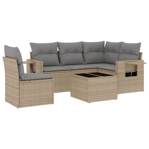 6-Piece Garden Sofa Set with Cushions Beige Poly Rattan Wicker Outdoor Patio Furniture - Image 5