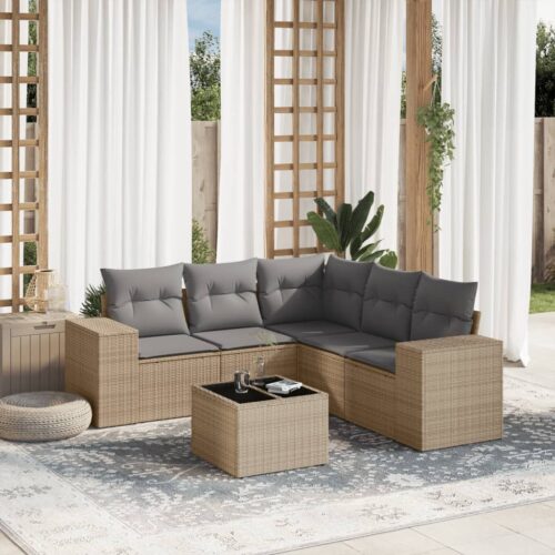 6-Piece Garden Sofa Set with Cushions Beige Poly Rattan Wicker Outdoor Patio Furniture - Image 2