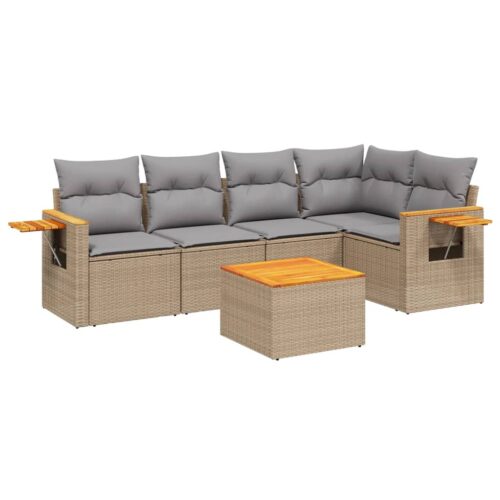 6-Piece Garden Sofa Set with Cushions Beige Poly Rattan Wicker Outdoor Patio Furniture