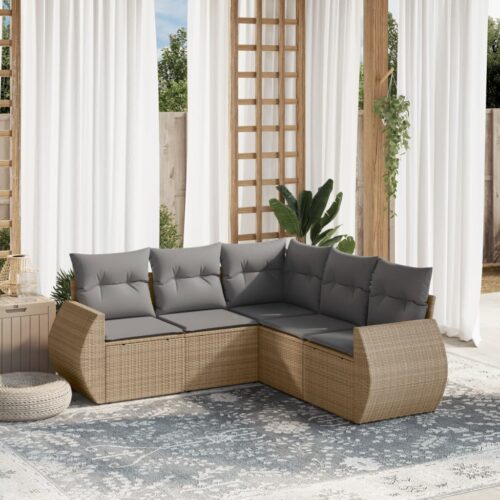 5-Piece Garden Sofa Set with Cushions Beige Poly Rattan Wicker Outdoor Patio Furniture - Image 2
