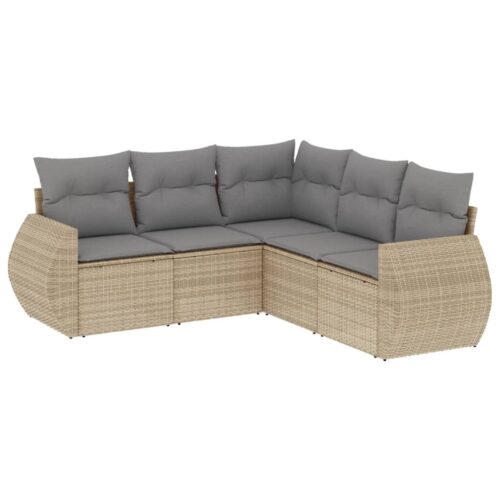 5-Piece Garden Sofa Set with Cushions Beige Poly Rattan Wicker Outdoor Patio Furniture - Image 5