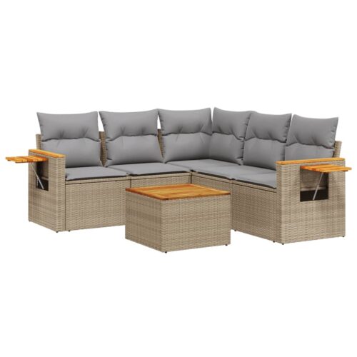 6-Piece Garden Sofa Set with Cushions Beige Poly Rattan Wicker Outdoor Patio Furniture - Image 5