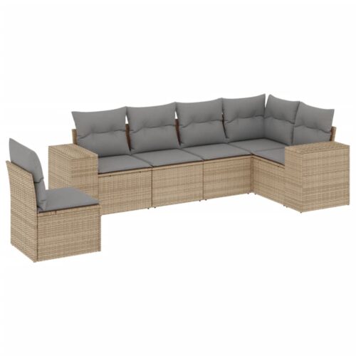 6-Piece Garden Sofa Set with Cushions Beige Poly Rattan Wicker Outdoor Patio Furniture