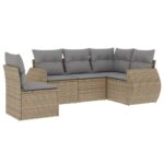 5-Piece Garden Sofa Set with Cushions Beige Poly Rattan Wicker Outdoor Patio Furniture