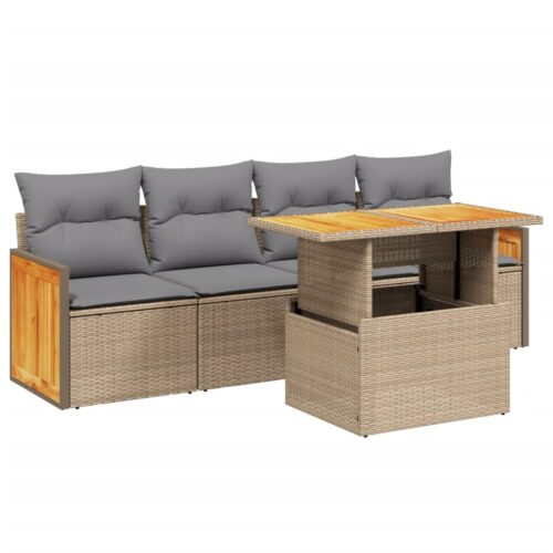 5-Piece Garden Sofa Set with Cushions Beige Poly Rattan Wicker Outdoor Patio Furniture