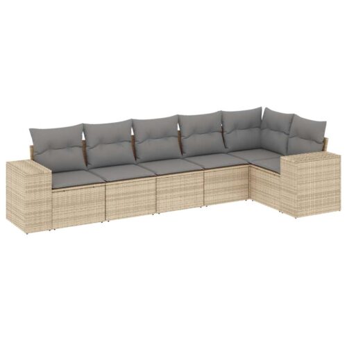 6-Piece Garden Sofa Set with Cushions Beige Poly Rattan Wicker Outdoor Patio Furniture