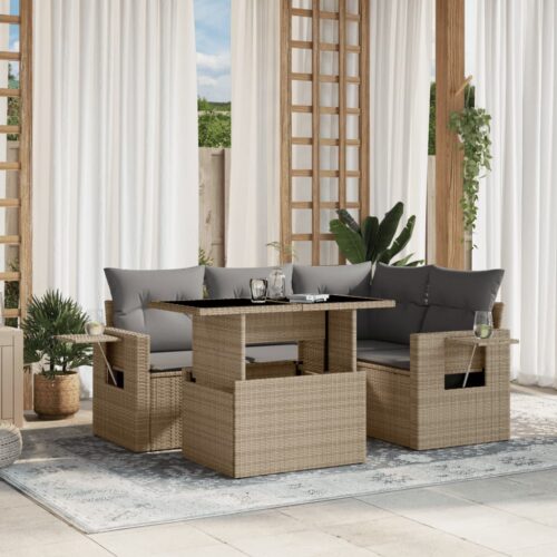 5-Piece Garden Sofa Set with Cushions Beige Poly Rattan Wicker Outdoor Patio Furniture - Image 2