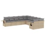 10-Piece Garden Sofa Set with Cushions Beige Poly Rattan Wicker Outdoor Patio Furniture