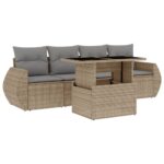 5-Piece Garden Sofa Set with Cushions Beige Poly Rattan Wicker Outdoor Patio Furniture